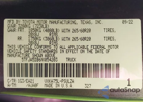 2022 Toyota Tundra Limited from USA, damaged, VIN 5TFJA5DB6NX054203